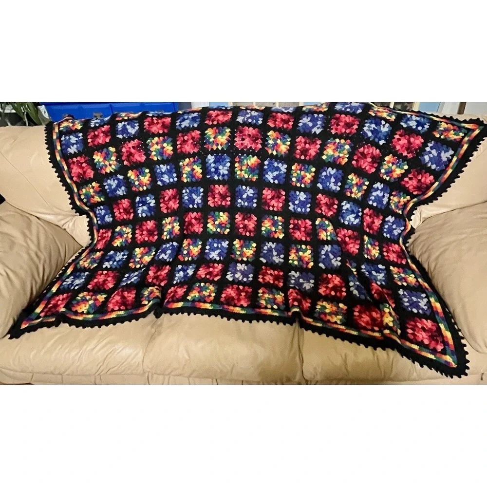 Granny Square Roseanne Black Multicolor Afghan Throw Blanket 76
